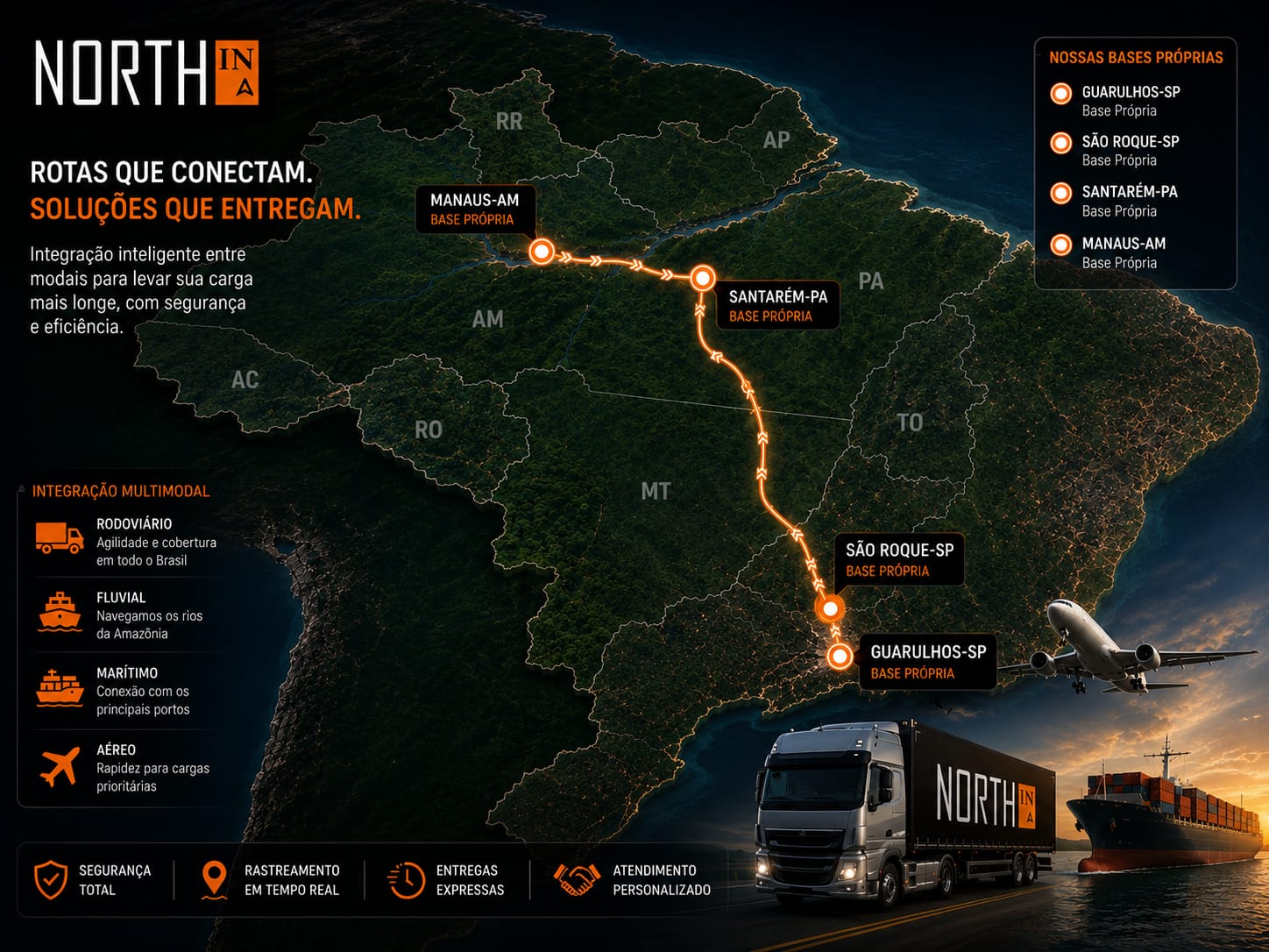 Locais de atendimento NORTHIN: São Paulo-SP, Guarulhos-SP, Santarém-PA, Manaus-AM, Belém-PA, Macapá-AP, Boa Vista-RR, Porto Velho-RO , Rio Branco-AC, Palmas-TO